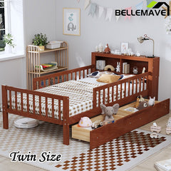 Bellemave® Twin Size Platform Bed with Headboard Storage Rack, 2 Drawers and 3 - Side Guardrail - Bellemave