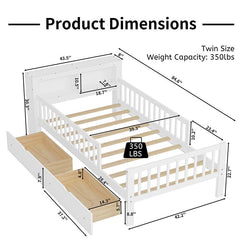 Bellemave® Twin Size Platform Bed with Headboard Storage Rack, 2 Drawers and 3 - Side Guardrail - Bellemave