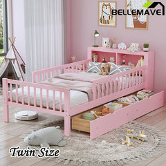 Bellemave® Twin Size Platform Bed with Headboard Storage Rack, 2 Drawers and 3 - Side Guardrail - Bellemave