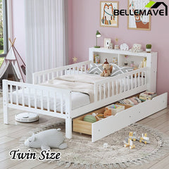 Bellemave® Twin Size Platform Bed with Headboard Storage Rack, 2 Drawers and 3 - Side Guardrail - Bellemave