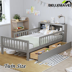 Bellemave® Twin Size Platform Bed with Headboard Storage Rack, 2 Drawers and 3 - Side Guardrail - Bellemave