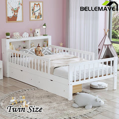 Bellemave® Twin Size Platform Bed with Headboard Storage Rack, 2 Drawers and 3 - Side Guardrail - Bellemave
