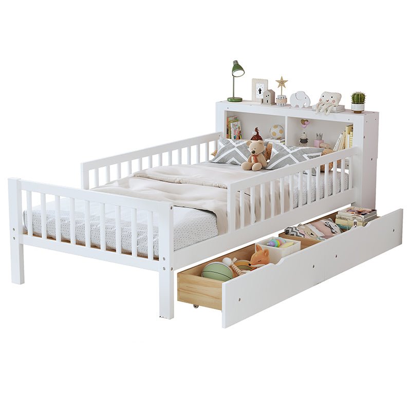 Bellemave® Twin Size Platform Bed with Headboard Storage Rack, 2 Drawers and 3 - Side Guardrail - Bellemave