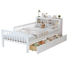 Bellemave® Twin Size Platform Bed with Headboard Storage Rack, 2 Drawers and 3 - Side Guardrail - Bellemave