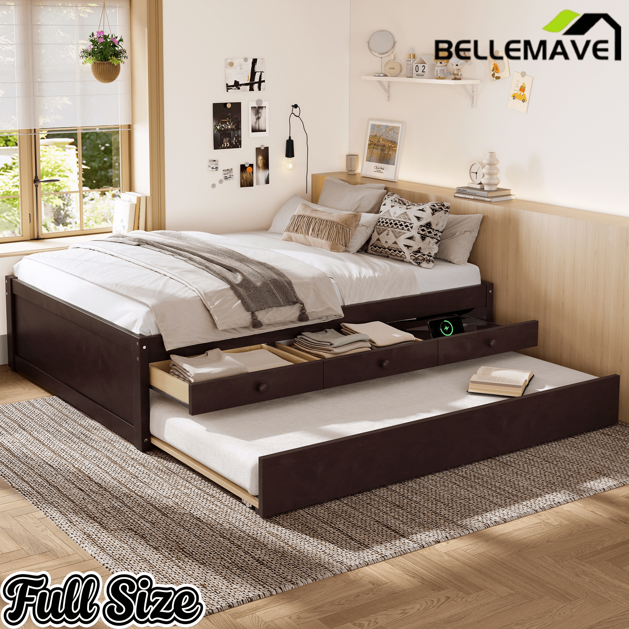 Bellemave® Twin Size Platform Bed with Trundle & 2 Drawers, Solid Wood Bed Frame with Built - in Power Strip, Low Profile No Box Spring Needed, White - Bellemave
