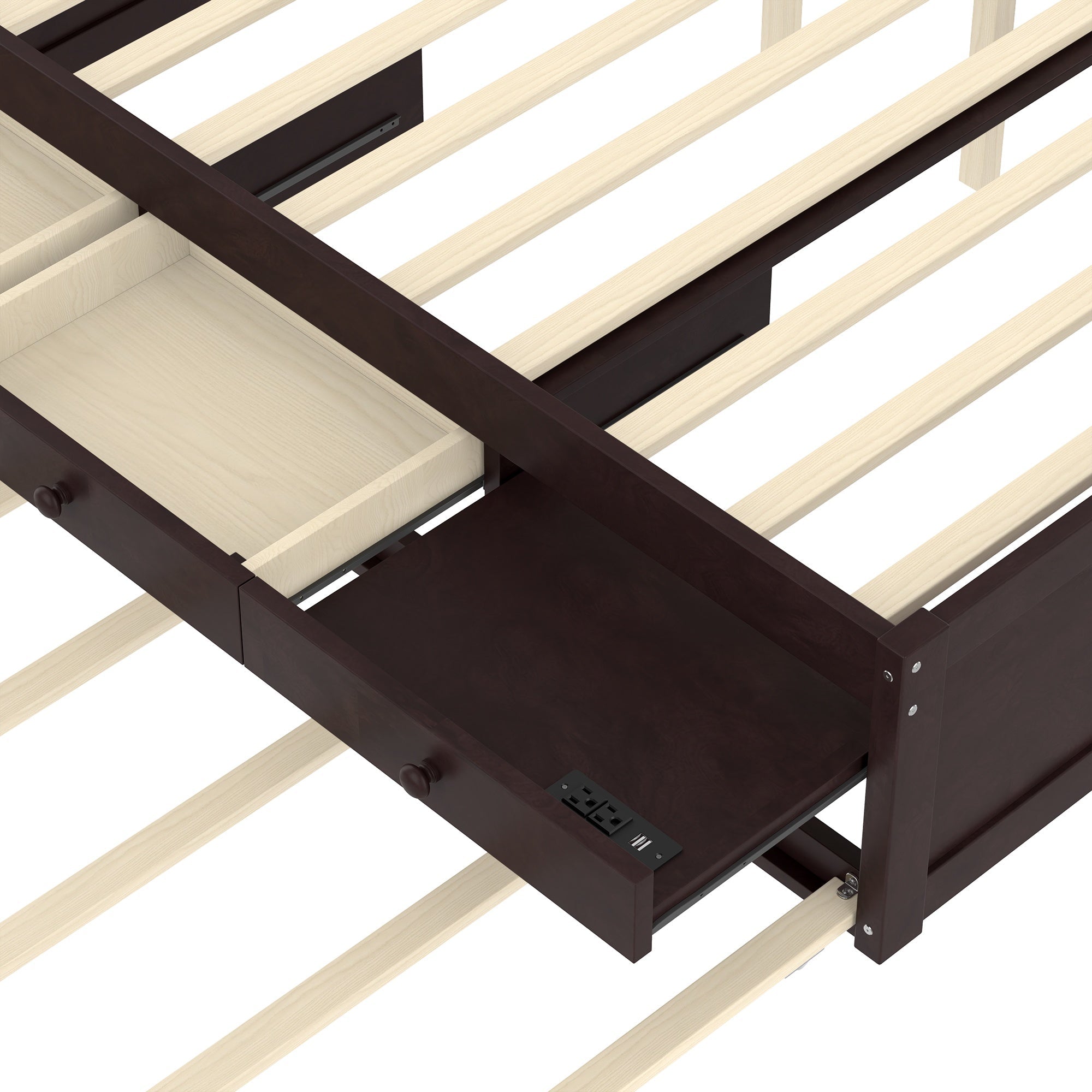 Bellemave® Twin Size Platform Bed with Trundle & 2 Drawers, Solid Wood Bed Frame with Built - in Power Strip, Low Profile No Box Spring Needed, White - Bellemave