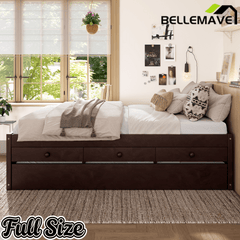 Bellemave® Twin Size Platform Bed with Trundle & 2 Drawers, Solid Wood Bed Frame with Built - in Power Strip, Low Profile No Box Spring Needed, White - Bellemave