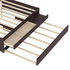 Bellemave® Twin Size Platform Bed with Trundle & 2 Drawers, Solid Wood Bed Frame with Built - in Power Strip, Low Profile No Box Spring Needed, White - Bellemave