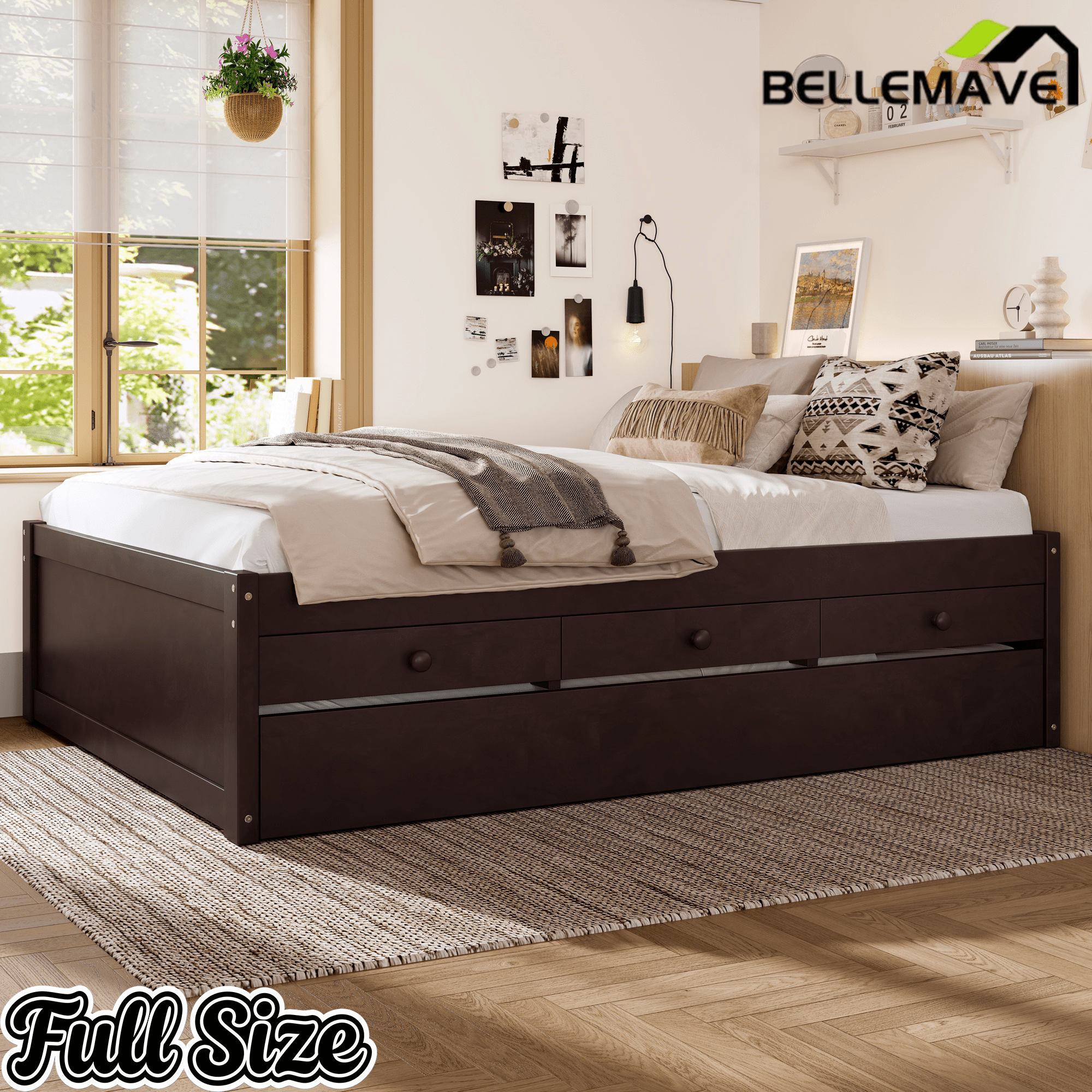 Bellemave® Twin Size Platform Bed with Trundle & 2 Drawers, Solid Wood Bed Frame with Built - in Power Strip, Low Profile No Box Spring Needed, White - Bellemave