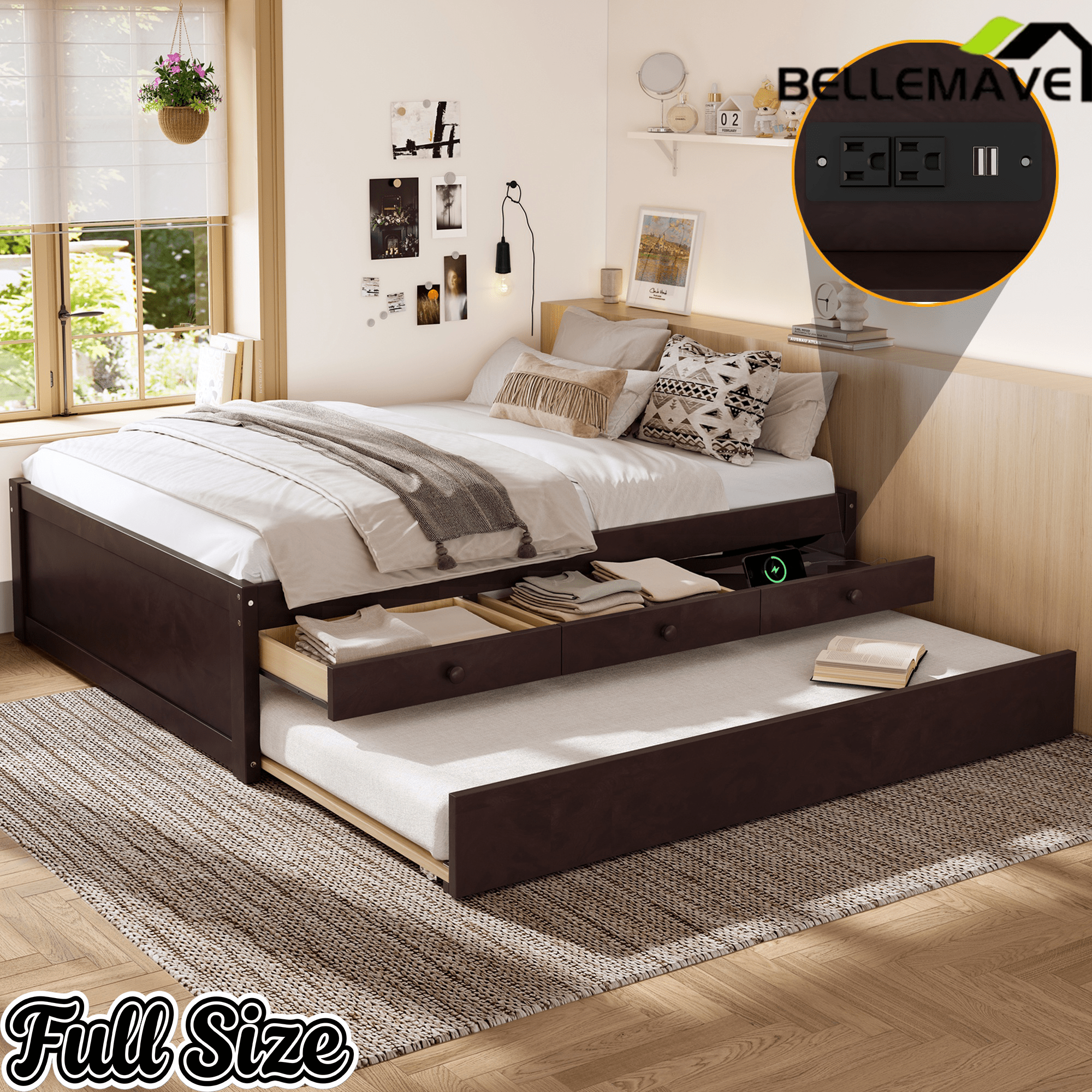 Bellemave® Twin Size Platform Bed with Trundle & 2 Drawers, Solid Wood Bed Frame with Built - in Power Strip, Low Profile No Box Spring Needed, White - Bellemave