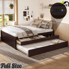 Bellemave® Twin Size Platform Bed with Trundle & 2 Drawers, Solid Wood Bed Frame with Built - in Power Strip, Low Profile No Box Spring Needed, White - Bellemave