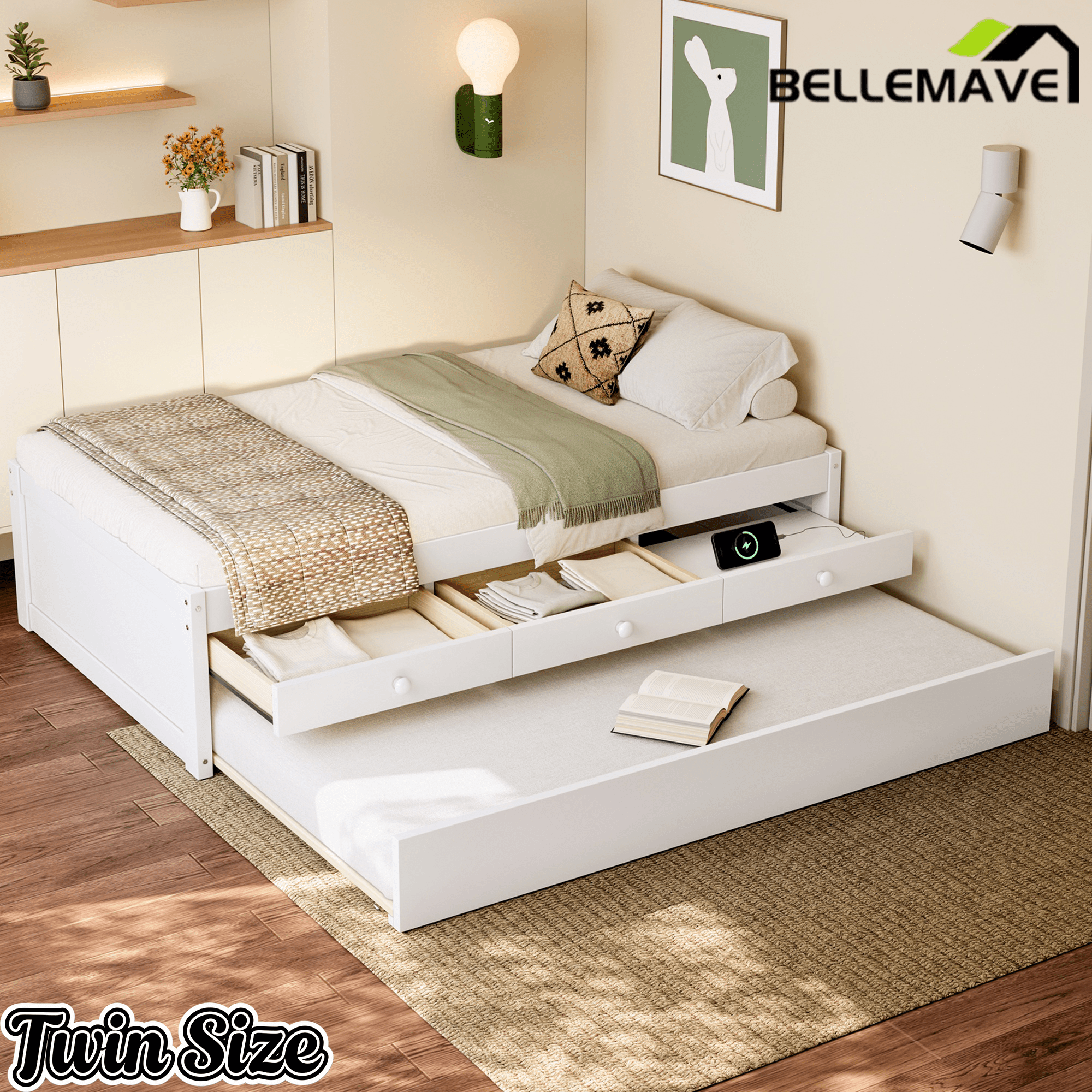 Bellemave® Twin Size Platform Bed with Trundle & 2 Drawers, Solid Wood Bed Frame with Built - in Power Strip, Low Profile No Box Spring Needed, White - Bellemave