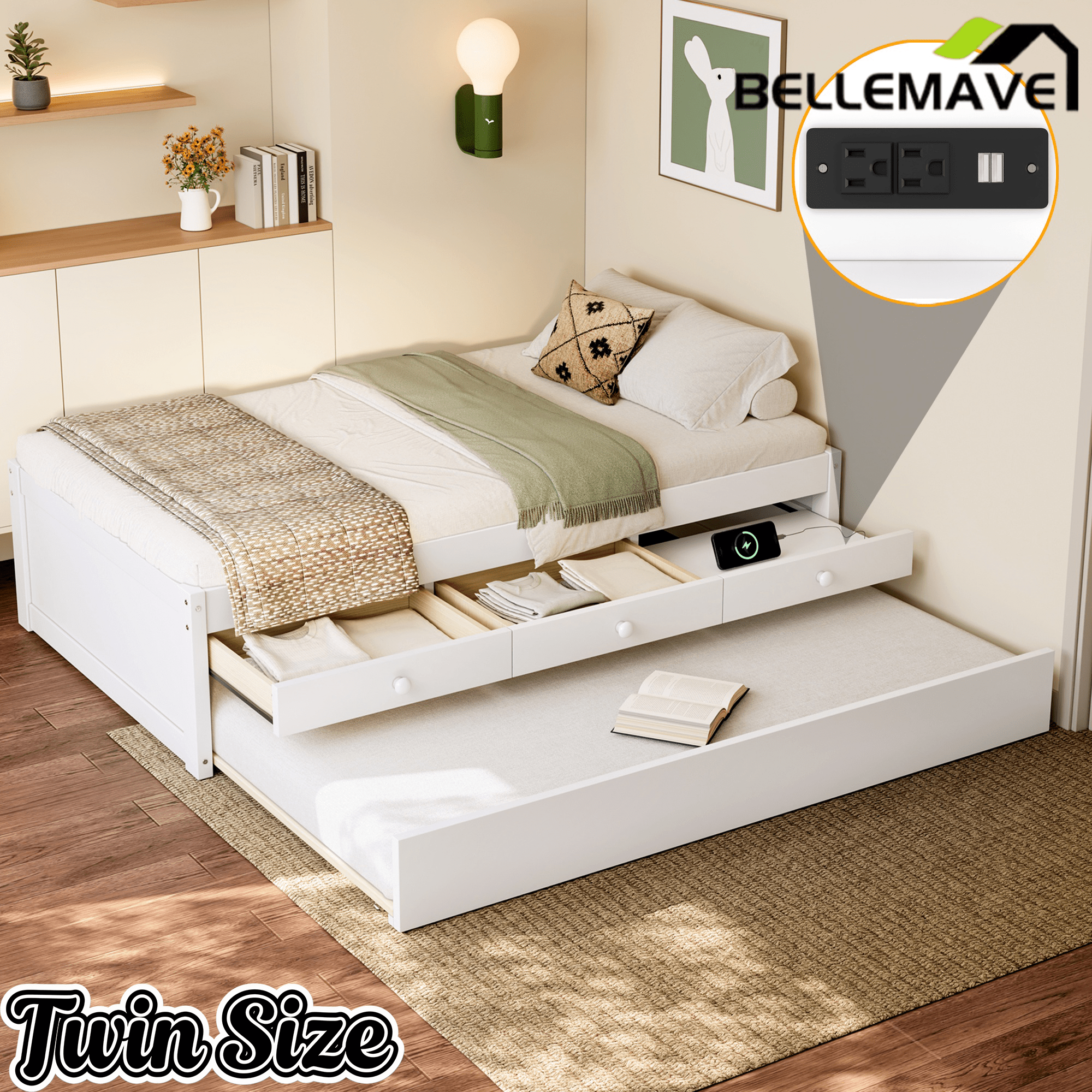 Bellemave® Twin Size Platform Bed with Trundle & 2 Drawers, Solid Wood Bed Frame with Built - in Power Strip, Low Profile No Box Spring Needed, White - Bellemave