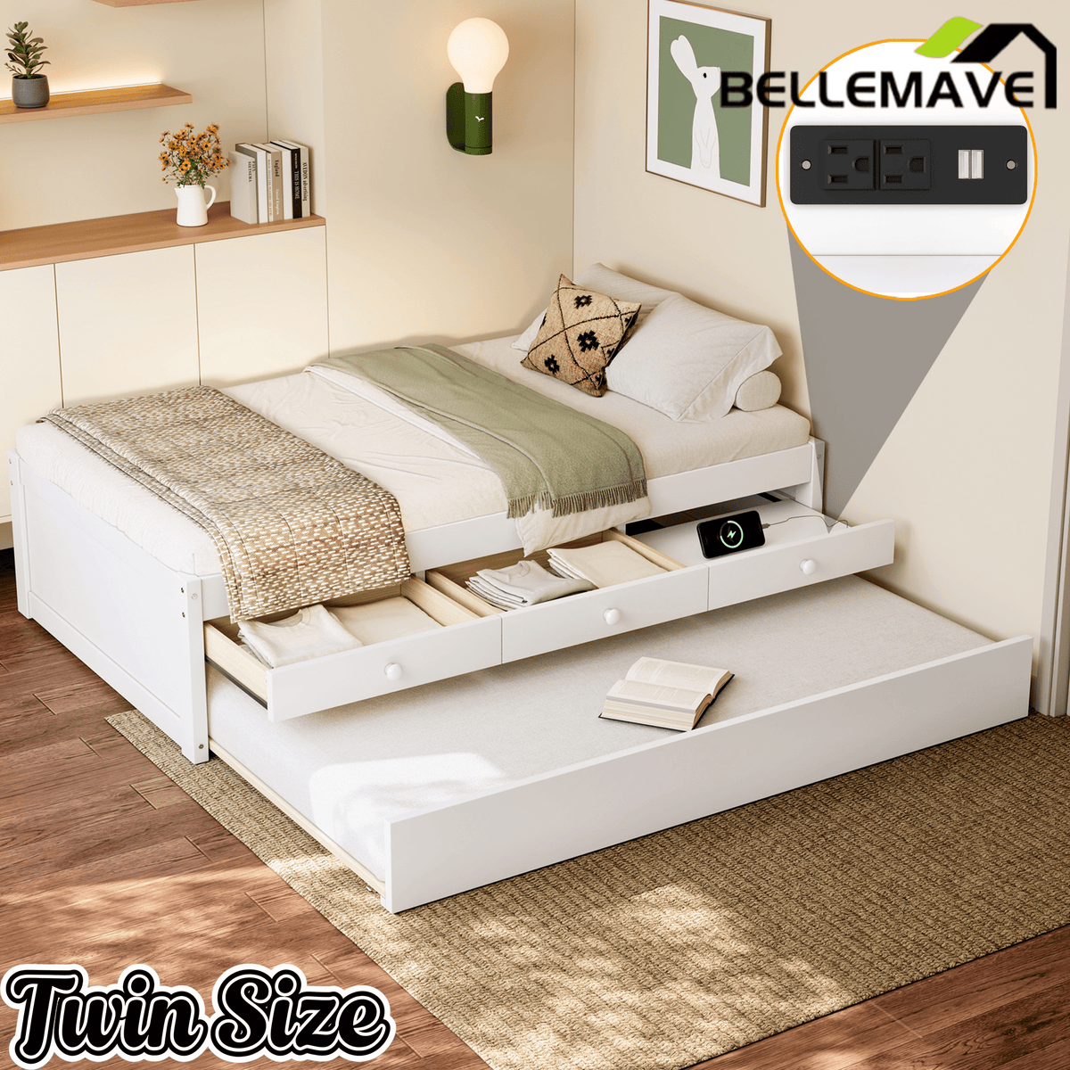 Bellemave® Twin Size Platform Bed with Trundle & 2 Drawers, Solid Wood Bed Frame with Built - in Power Strip, Low Profile No Box Spring Needed, White - Bellemave