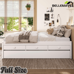 Bellemave® Twin Size Platform Bed with Trundle & 2 Drawers, Solid Wood Bed Frame with Built - in Power Strip, Low Profile No Box Spring Needed, White - Bellemave