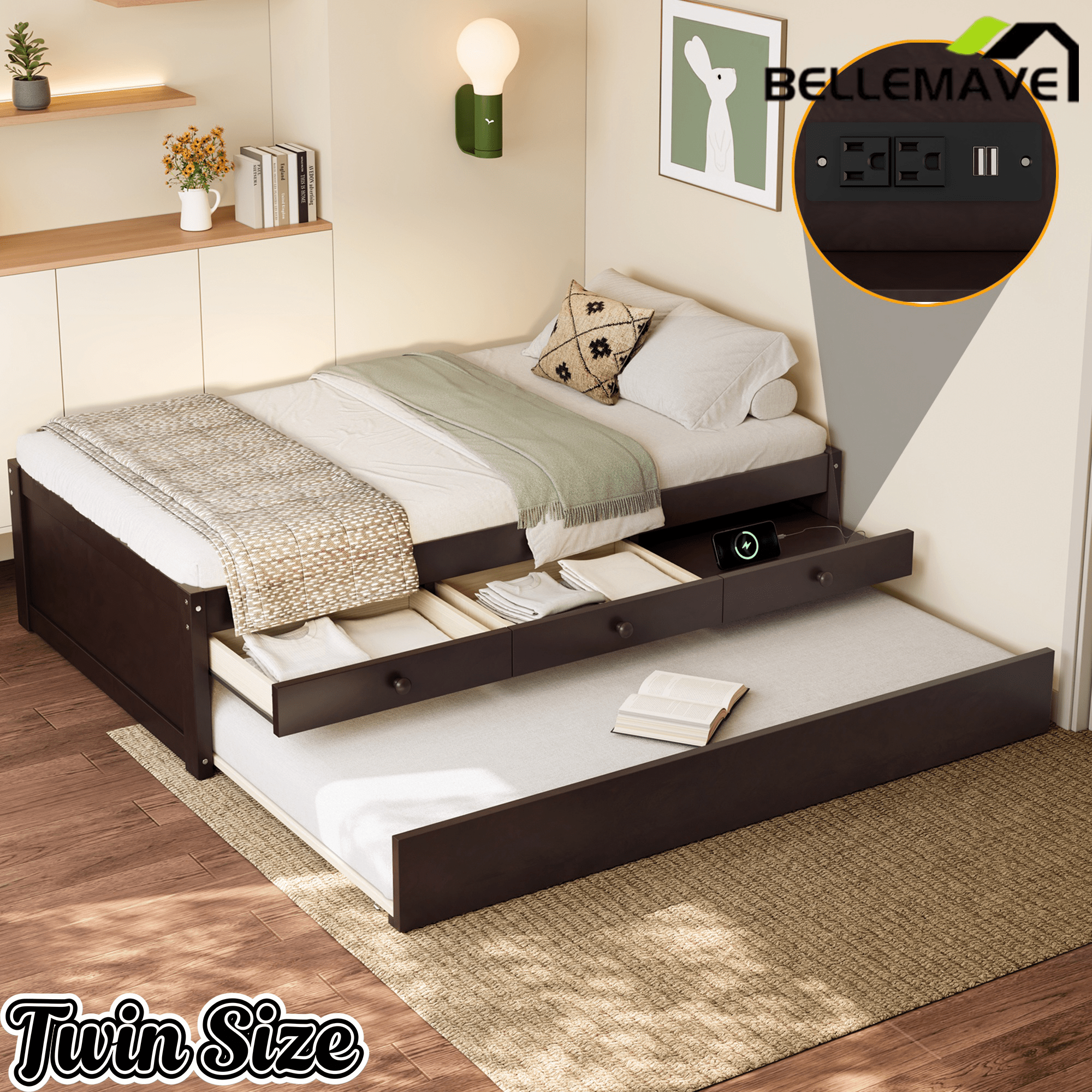 Bellemave® Twin Size Platform Bed with Trundle & 2 Drawers, Solid Wood Bed Frame with Built - in Power Strip, Low Profile No Box Spring Needed, White - Bellemave