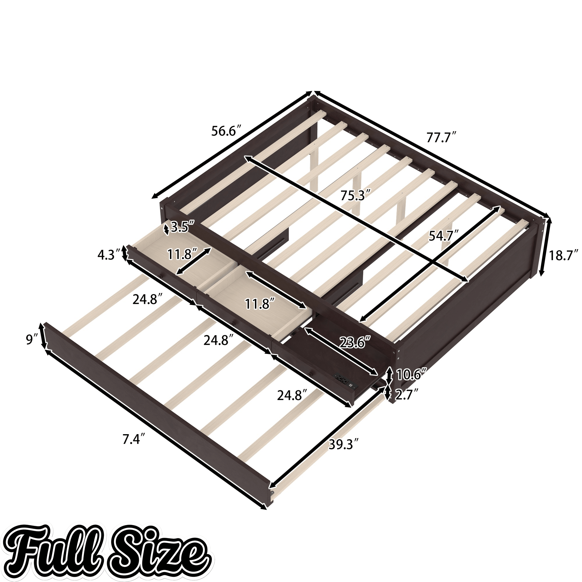 Bellemave® Twin Size Platform Bed with Trundle & 2 Drawers, Solid Wood Bed Frame with Built - in Power Strip, Low Profile No Box Spring Needed, White - Bellemave