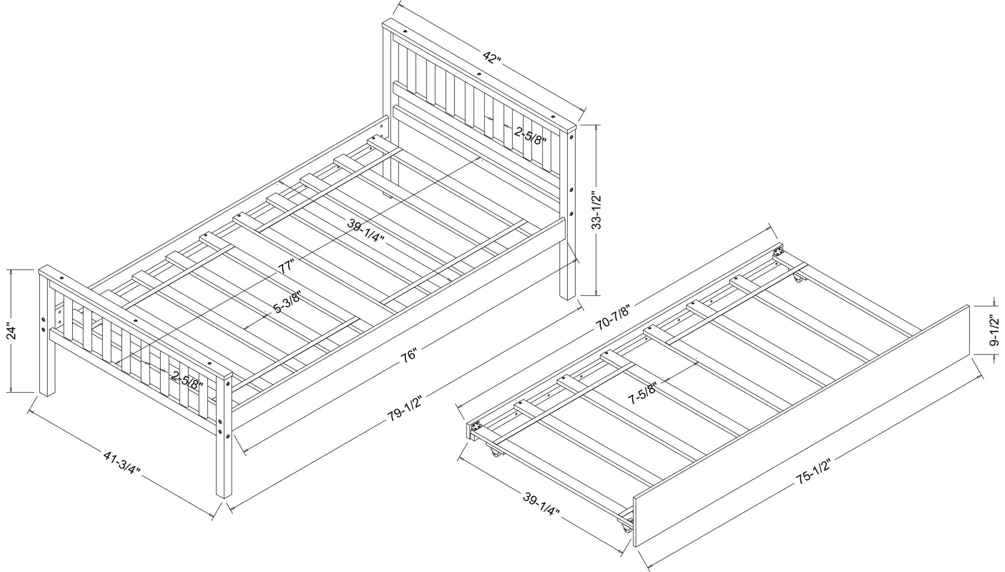 Bellemave® Twin Size Platform Bed with Trundle, Headboard and Footboard - Bellemave