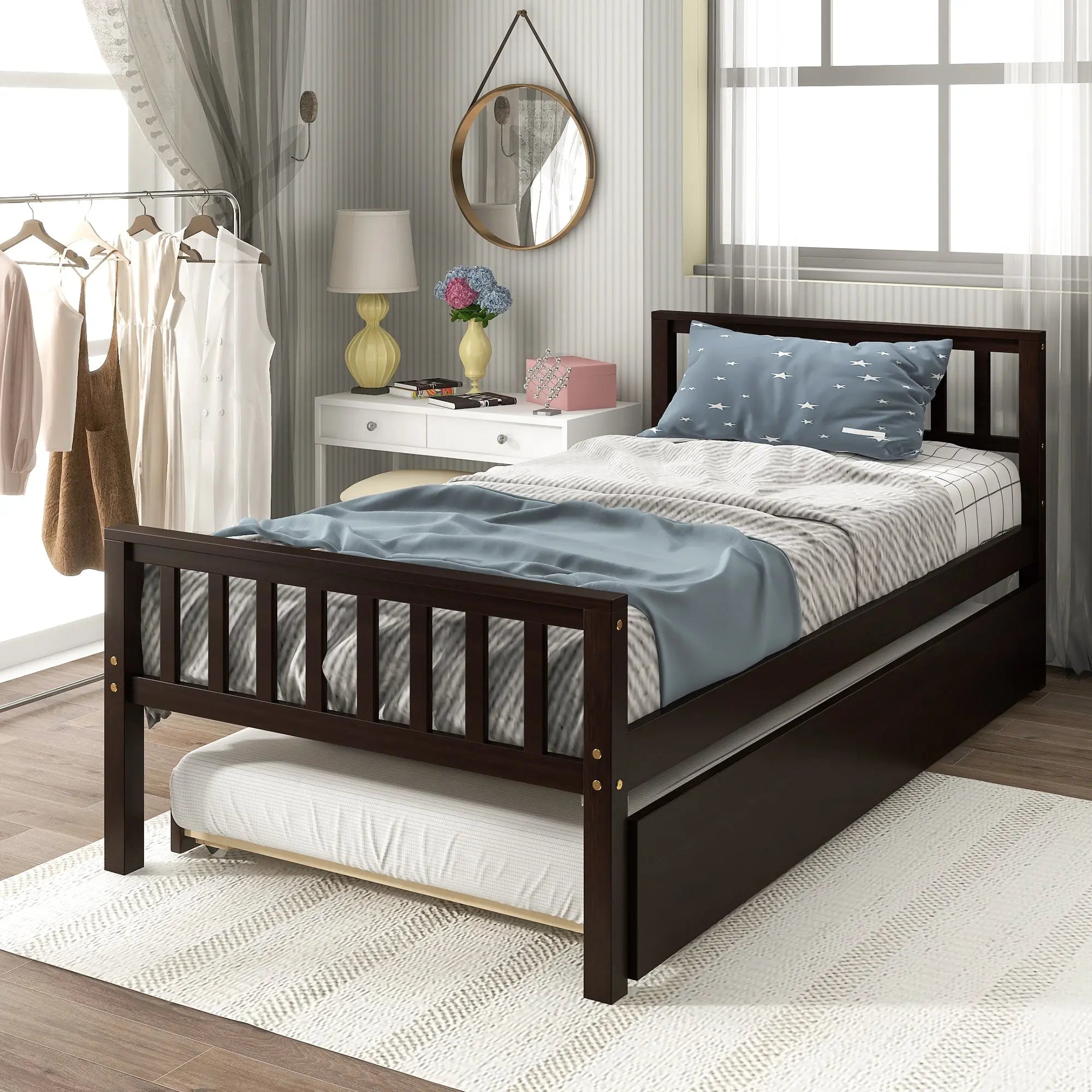 Bellemave® Twin Size Platform Bed with Trundle, Headboard and Footboard - Bellemave