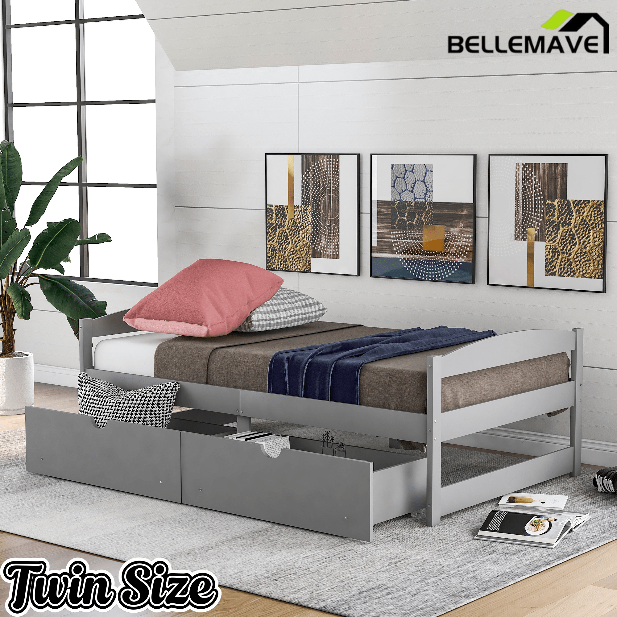 Bellemave Twin Size Platform Bed with Two Storage Drawers, Solid Wood Platform Bed Frames Headboard and Wooden Slats Support - Bellemave