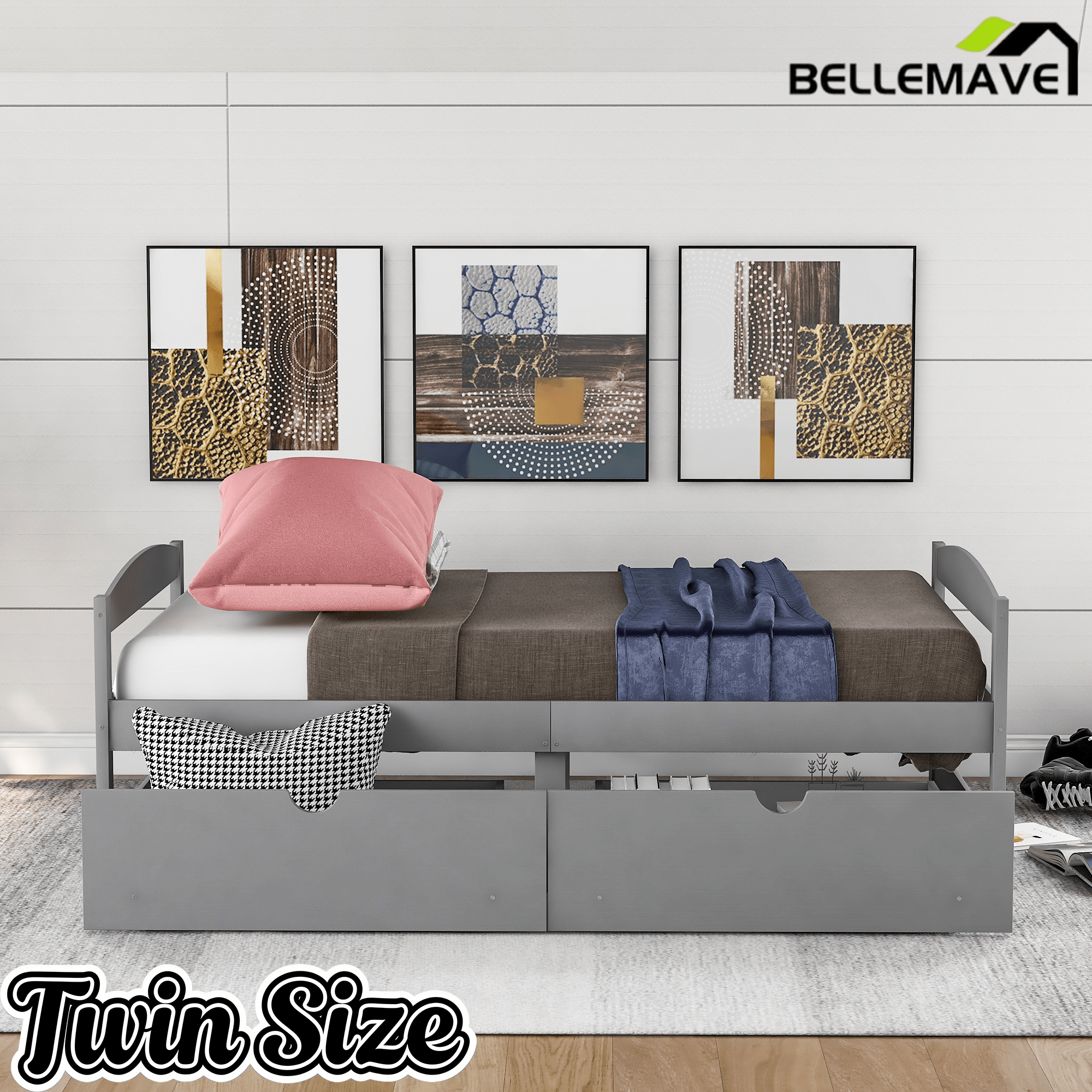 Bellemave Twin Size Platform Bed with Two Storage Drawers, Solid Wood Platform Bed Frames Headboard and Wooden Slats Support - Bellemave