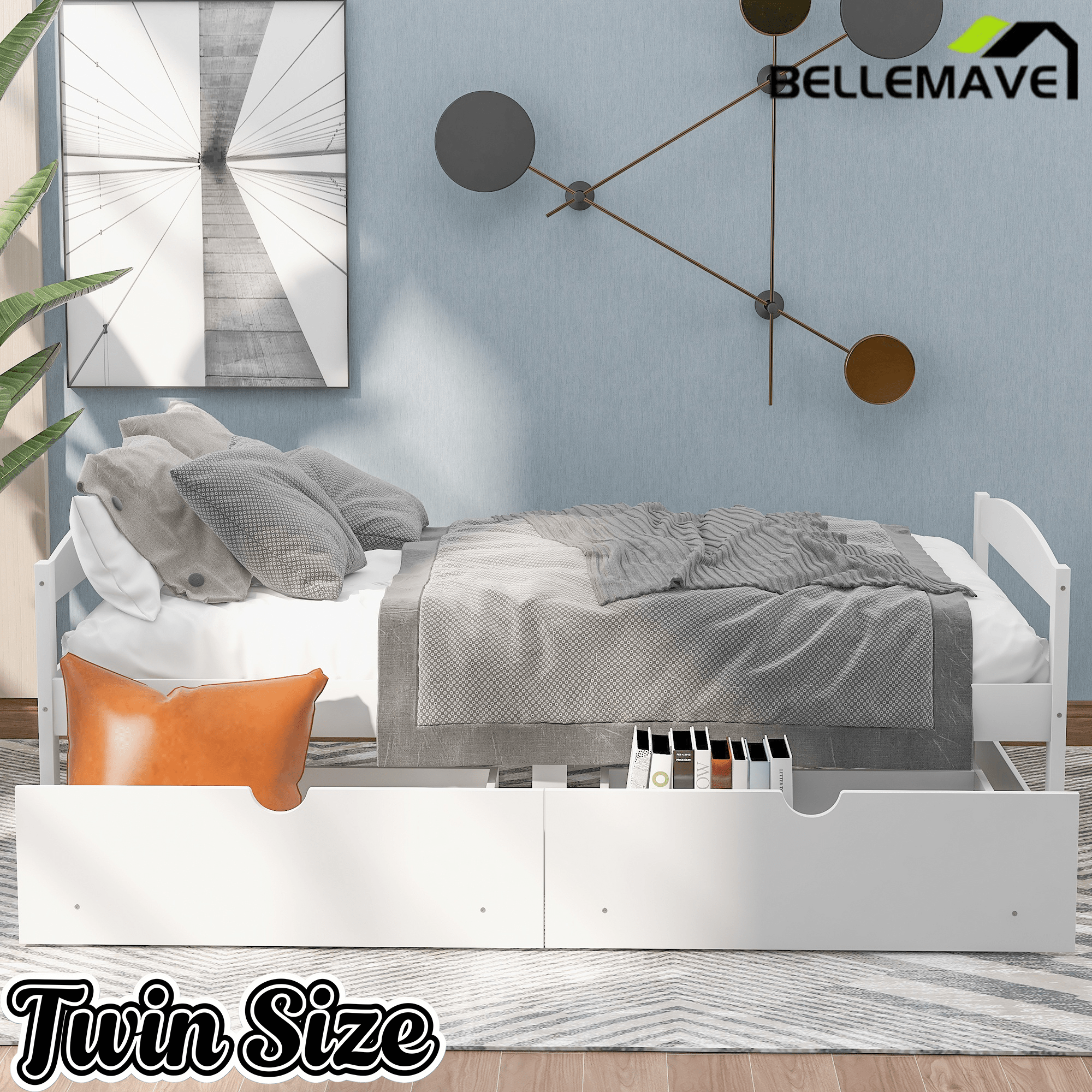 Bellemave Twin Size Platform Bed with Two Storage Drawers, Solid Wood Platform Bed Frames Headboard and Wooden Slats Support - Bellemave