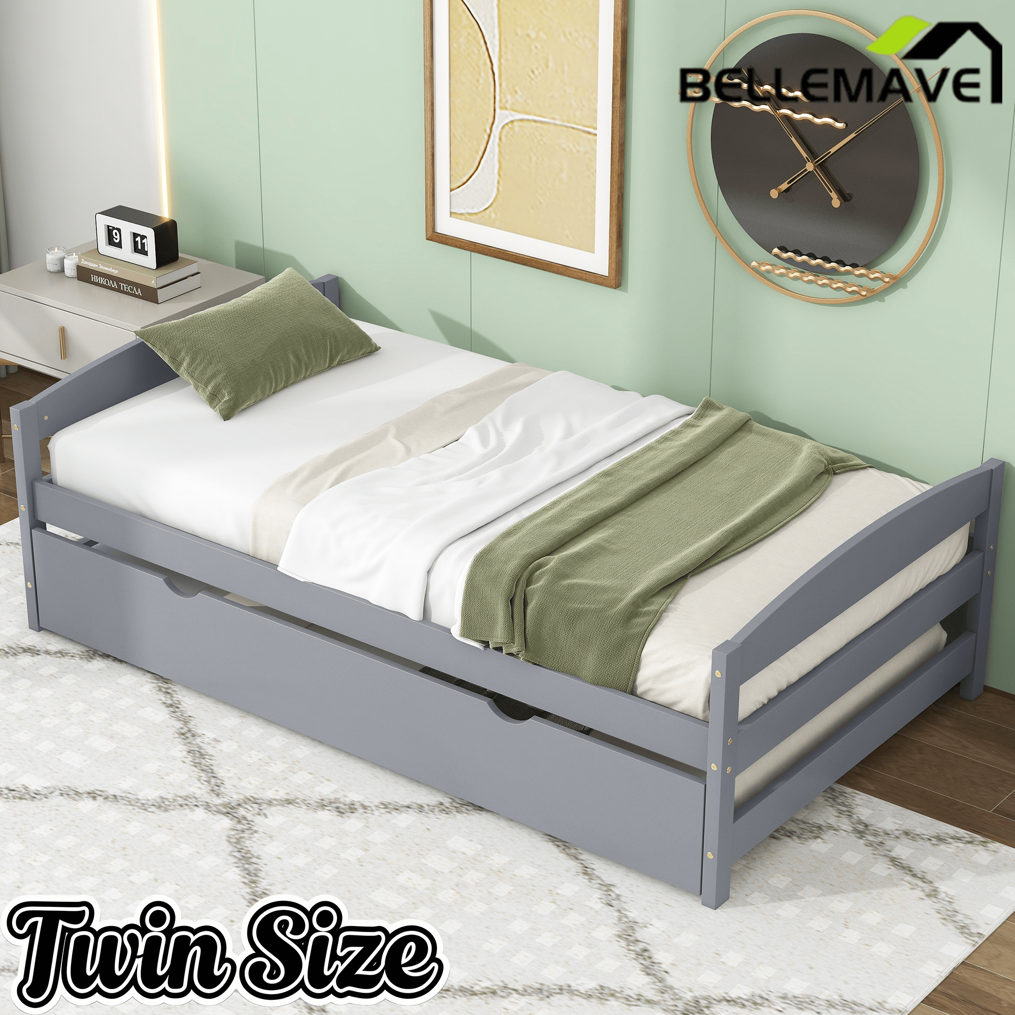 Bellemave Twin Size Platform Bed with Two Storage Drawers, Solid Wood Platform Bed Frames Headboard and Wooden Slats Support - Bellemave