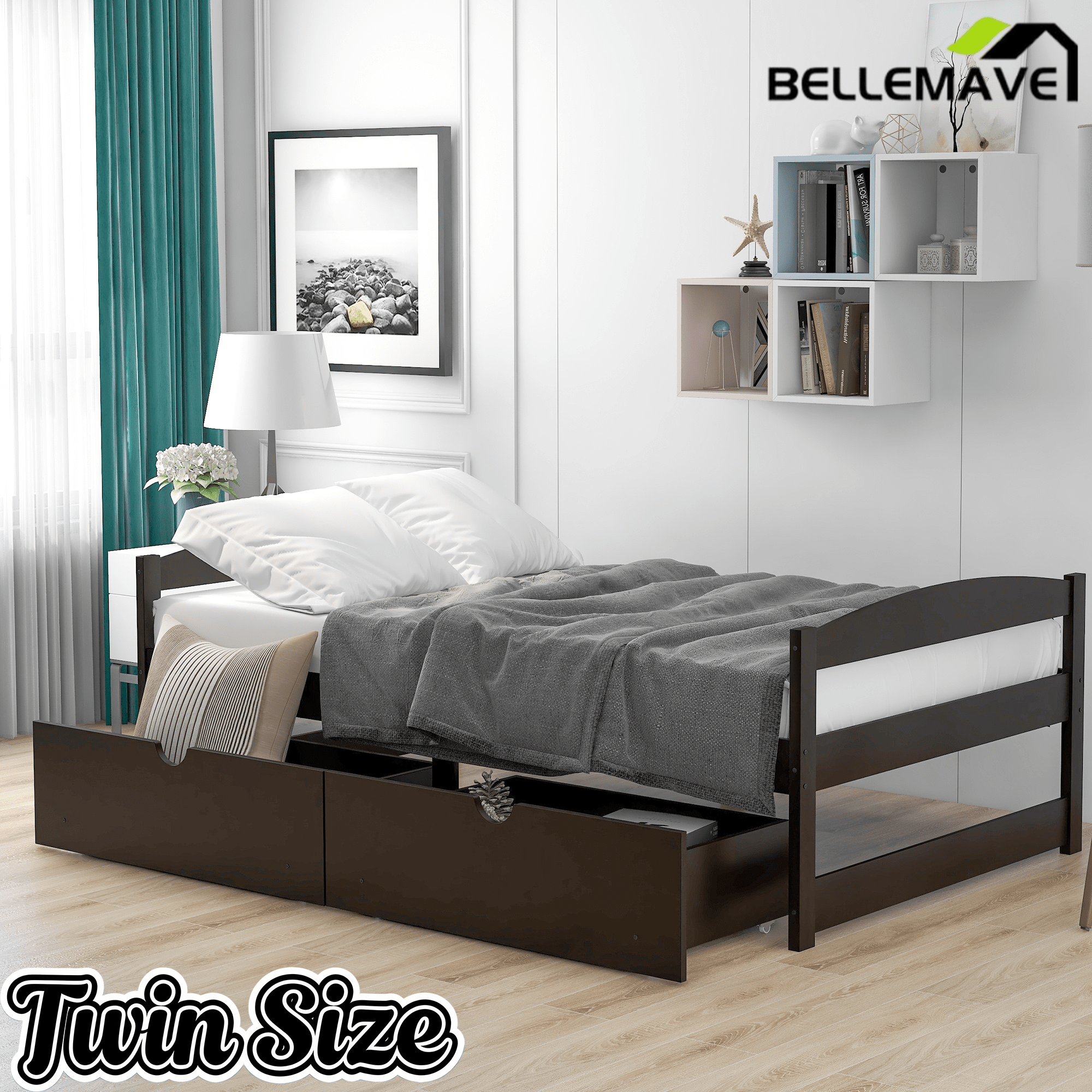 Bellemave Twin Size Platform Bed with Two Storage Drawers, Solid Wood Platform Bed Frames Headboard and Wooden Slats Support - Bellemave