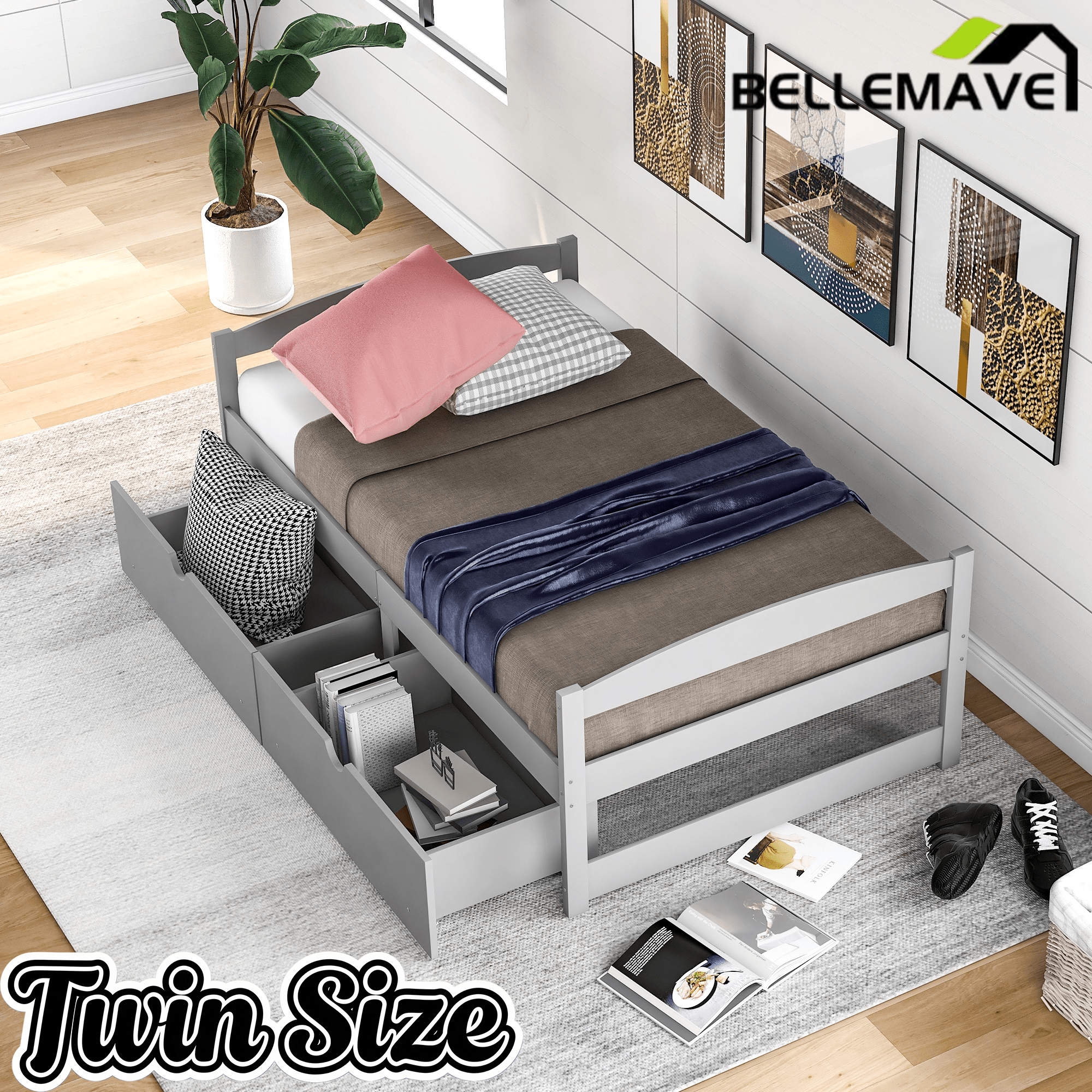 Bellemave Twin Size Platform Bed with Two Storage Drawers, Solid Wood Platform Bed Frames Headboard and Wooden Slats Support - Bellemave