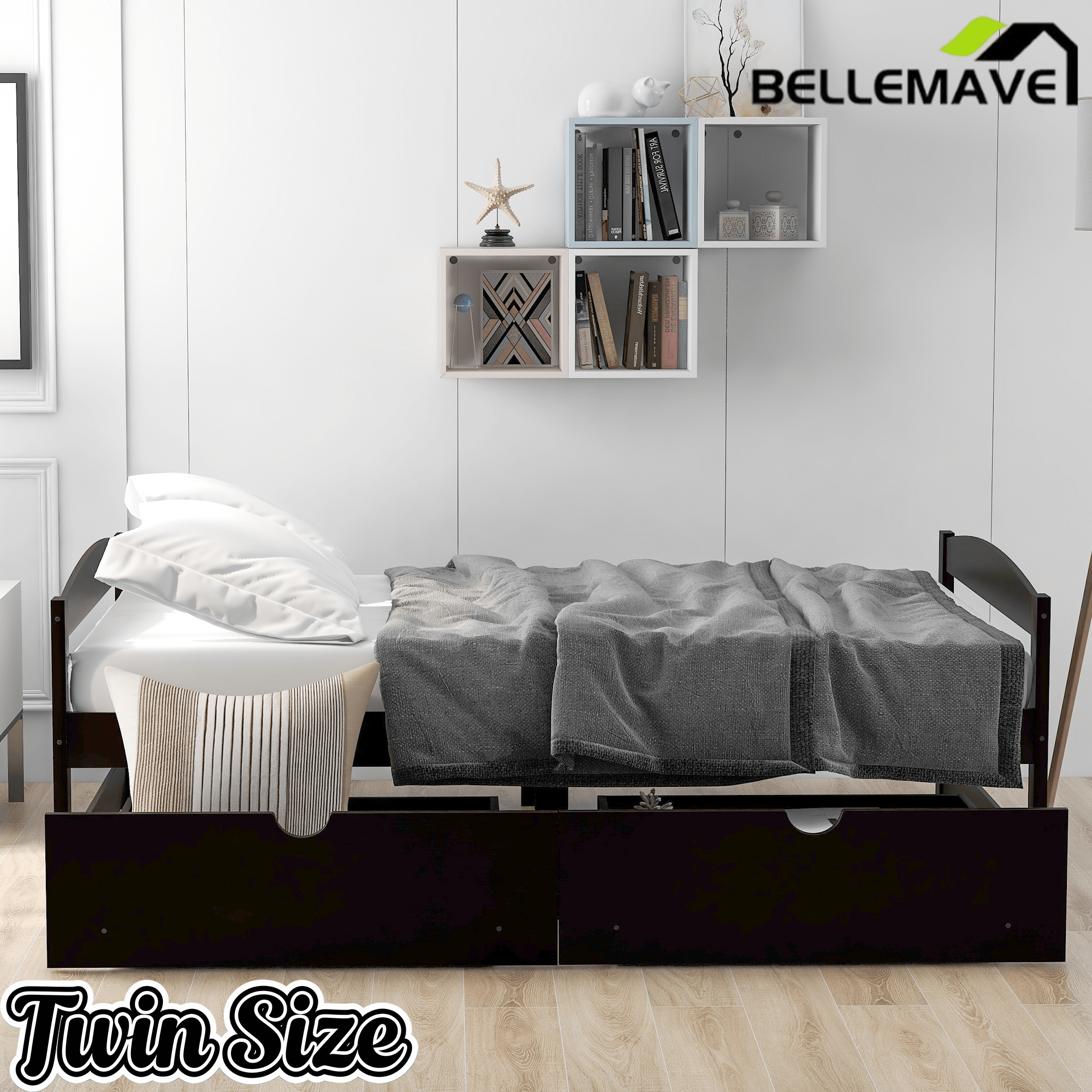 Bellemave Twin Size Platform Bed with Two Storage Drawers, Solid Wood Platform Bed Frames Headboard and Wooden Slats Support - Bellemave