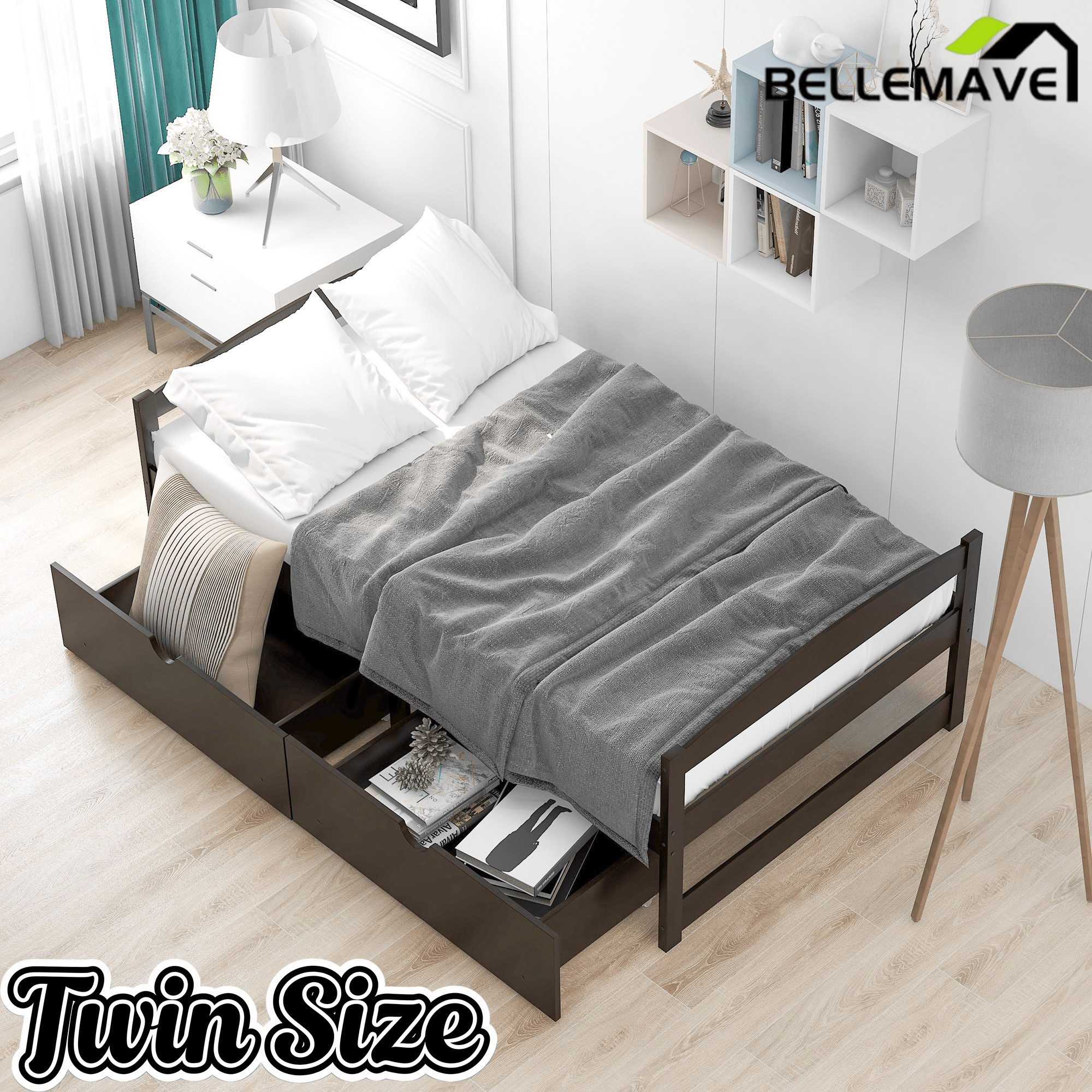Bellemave Twin Size Platform Bed with Two Storage Drawers, Solid Wood Platform Bed Frames Headboard and Wooden Slats Support - Bellemave