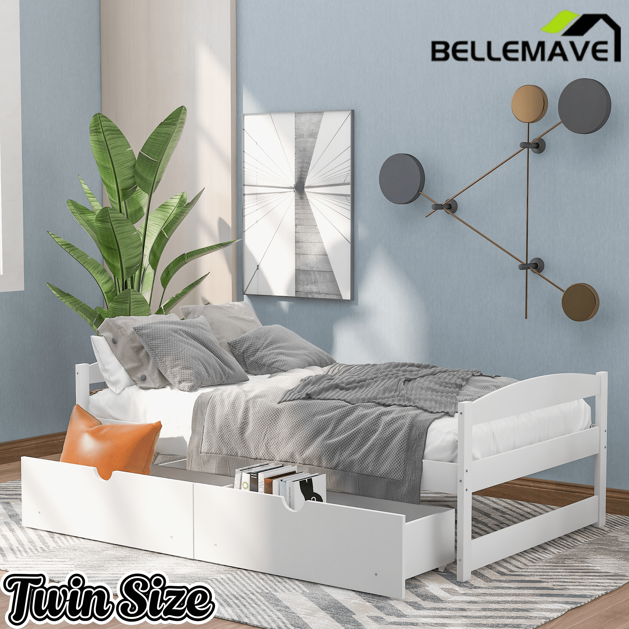 Bellemave Twin Size Platform Bed with Two Storage Drawers, Solid Wood Platform Bed Frames Headboard and Wooden Slats Support - Bellemave