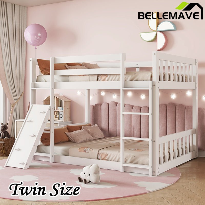 Bellemave® Twin Size Playhouse Floor Bunk Bed with Climbing Ramp, Ladder, Safety Guardrails - Bellemave