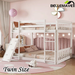 Bellemave® Twin Size Playhouse Floor Bunk Bed with Climbing Ramp, Ladder, Safety Guardrails - Bellemave