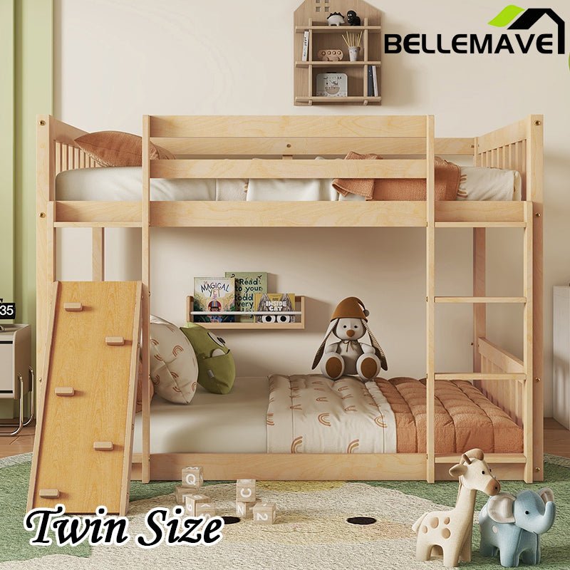 Bellemave® Twin Size Playhouse Floor Bunk Bed with Climbing Ramp, Ladder, Safety Guardrails - Bellemave