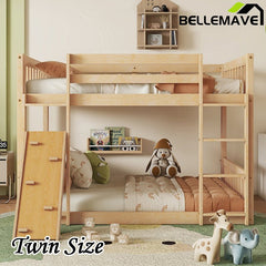 Bellemave® Twin Size Playhouse Floor Bunk Bed with Climbing Ramp, Ladder, Safety Guardrails - Bellemave