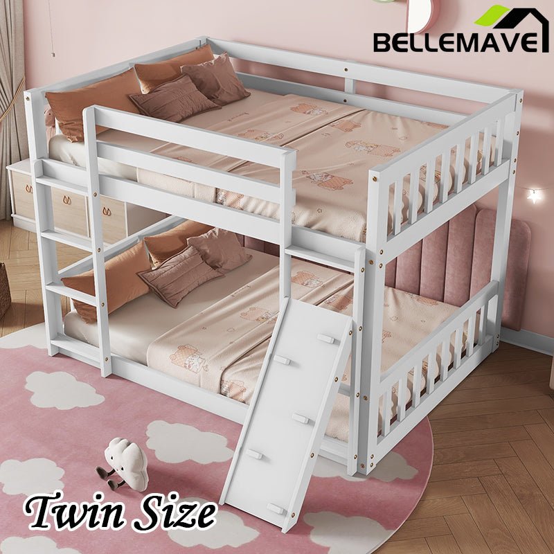 Bellemave® Twin Size Playhouse Floor Bunk Bed with Climbing Ramp, Ladder, Safety Guardrails - Bellemave