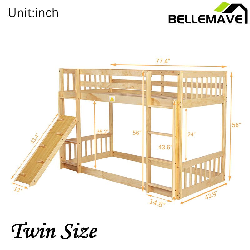 Bellemave® Twin Size Playhouse Floor Bunk Bed with Climbing Ramp, Ladder, Safety Guardrails - Bellemave