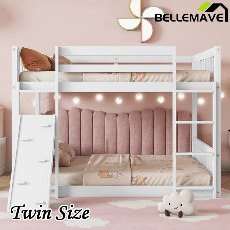 Bellemave® Twin Size Playhouse Floor Bunk Bed with Climbing Ramp, Ladder, Safety Guardrails - Bellemave