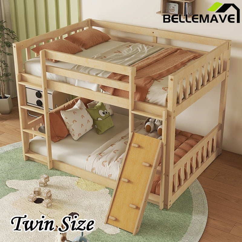 Bellemave® Twin Size Playhouse Floor Bunk Bed with Climbing Ramp, Ladder, Safety Guardrails - Bellemave