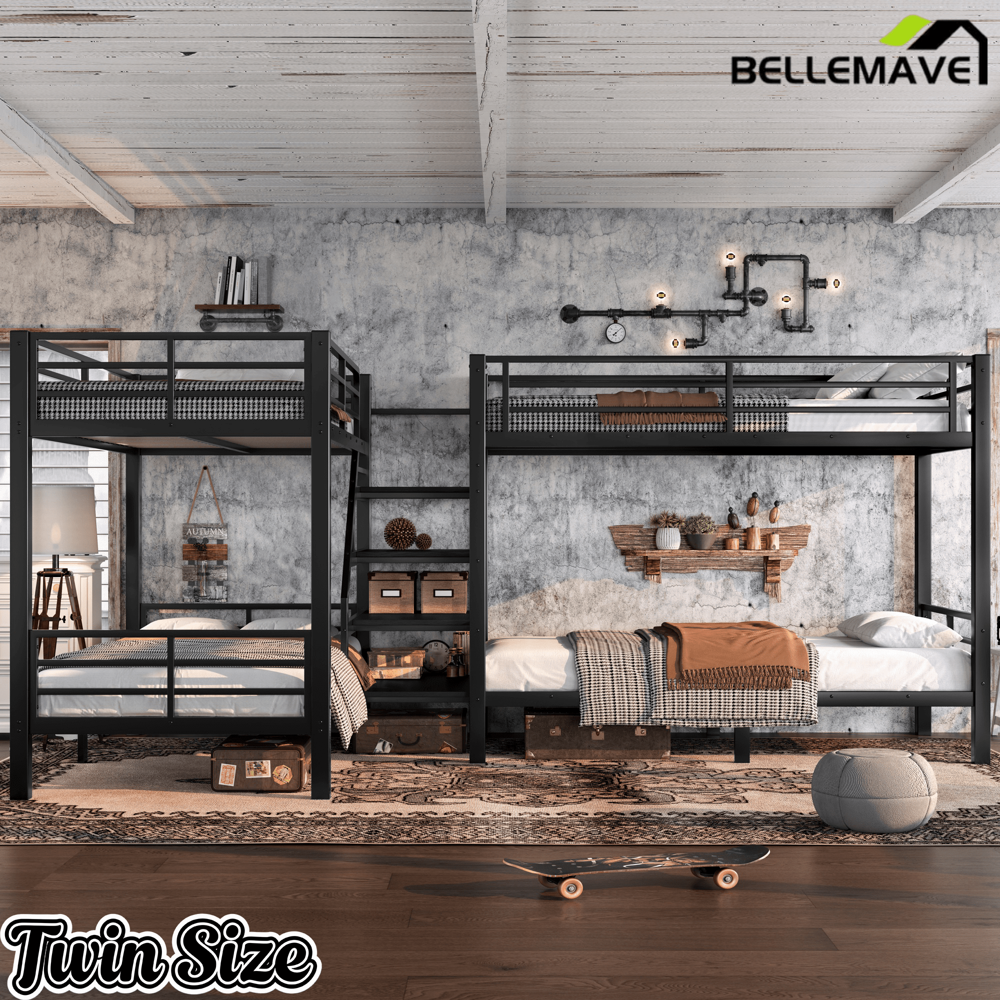 Bellemave® Twin Size Quad Bunk Bed with Storage Stairs and Shelves, Metal Twin Bunk Beds Frame with Safety Guardrails for Kids Teens (Black/Quad) - Bellemave