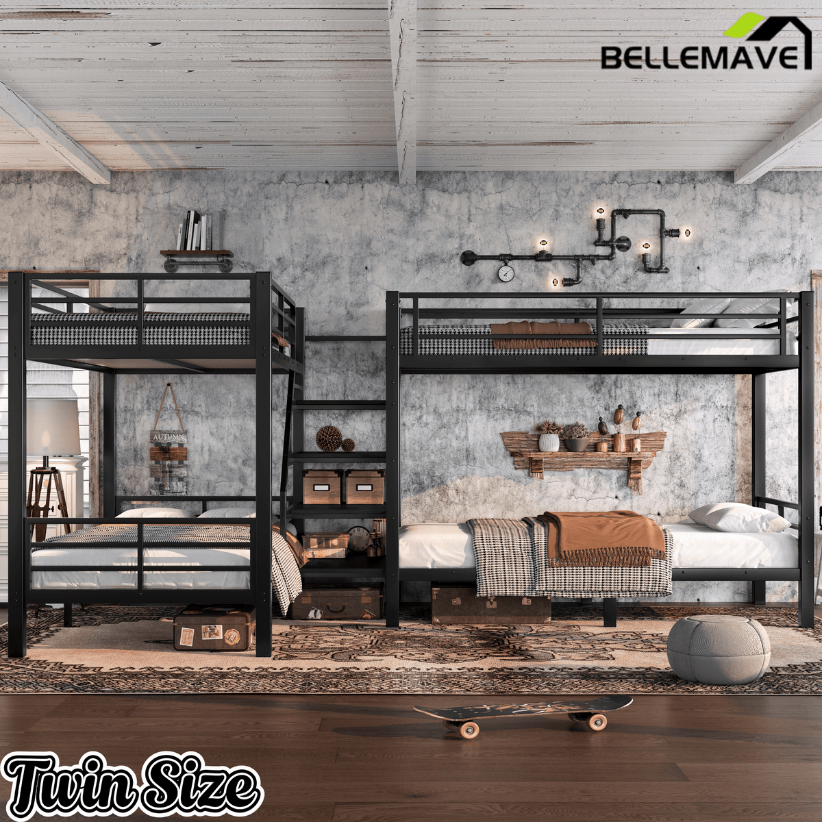 Bellemave® Twin Size Quad Bunk Bed with Storage Stairs and Shelves, Metal Twin Bunk Beds Frame with Safety Guardrails for Kids Teens (Black/Quad) - Bellemave