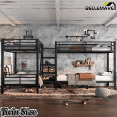 Bellemave® Twin Size Quad Bunk Bed with Storage Stairs and Shelves, Metal Twin Bunk Beds Frame with Safety Guardrails for Kids Teens (Black/Quad) - Bellemave