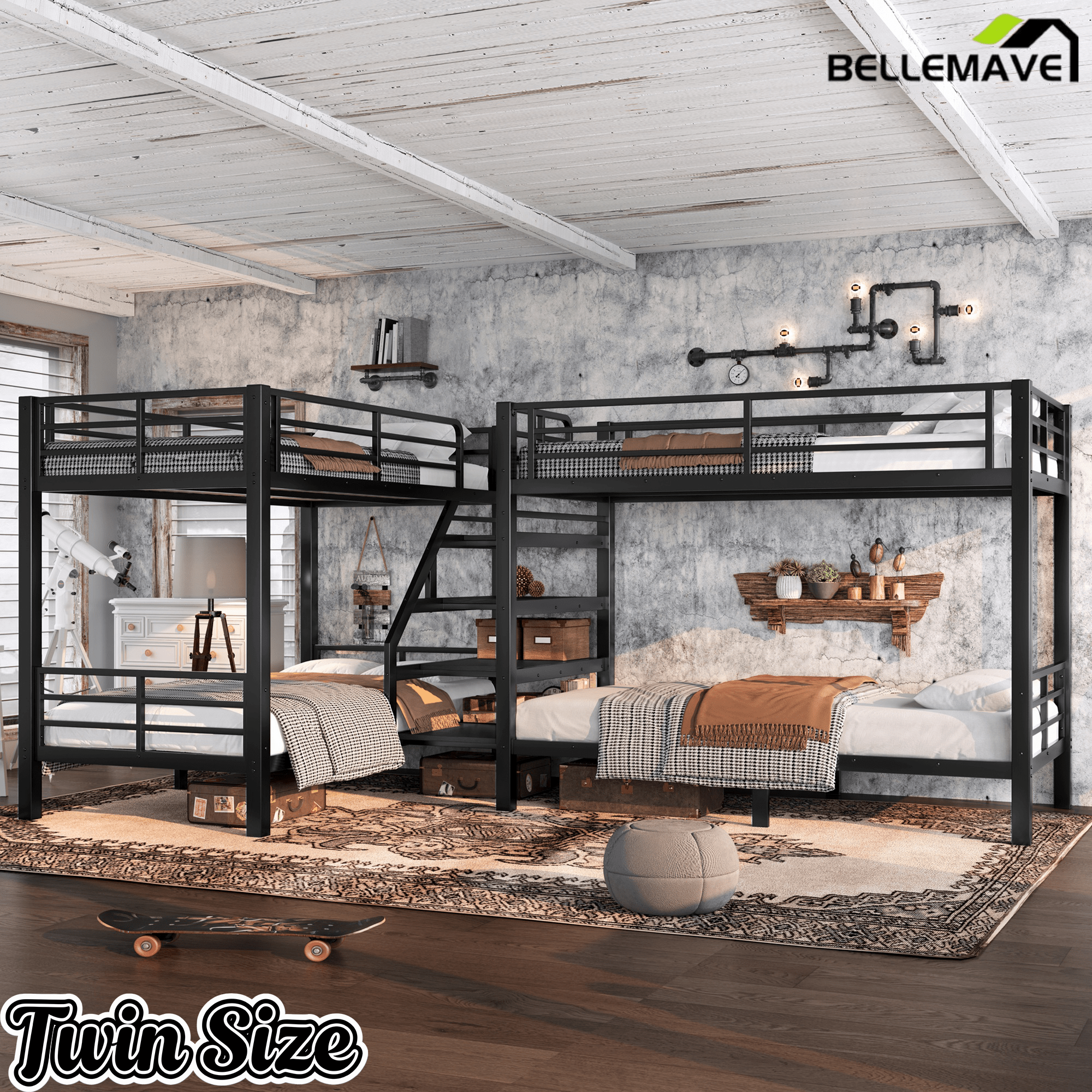 Bellemave® Twin Size Quad Bunk Bed with Storage Stairs and Shelves, Metal Twin Bunk Beds Frame with Safety Guardrails for Kids Teens (Black/Quad) - Bellemave