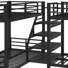 Bellemave® Twin Size Quad Bunk Bed with Storage Stairs and Shelves, Metal Twin Bunk Beds Frame with Safety Guardrails for Kids Teens (Black/Quad) - Bellemave