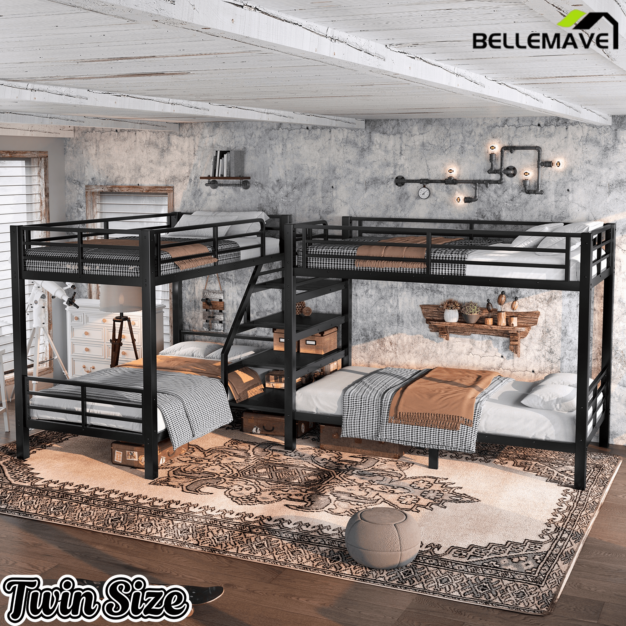 Bellemave® Twin Size Quad Bunk Bed with Storage Stairs and Shelves, Metal Twin Bunk Beds Frame with Safety Guardrails for Kids Teens (Black/Quad) - Bellemave
