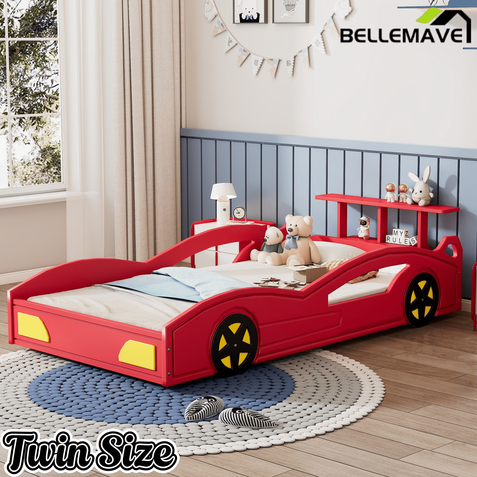 Bellemave® Twin Size Race Car Bed for Boys,Cool Car Bed Frame with Storage Shelves,Car Shaped Kids Bed Twin Size with Wheels,Red - Bellemave