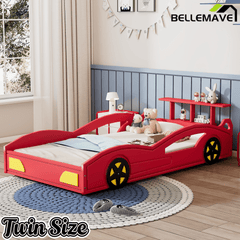 Bellemave® Twin Size Race Car Bed for Boys,Cool Car Bed Frame with Storage Shelves,Car Shaped Kids Bed Twin Size with Wheels,Red - Bellemave