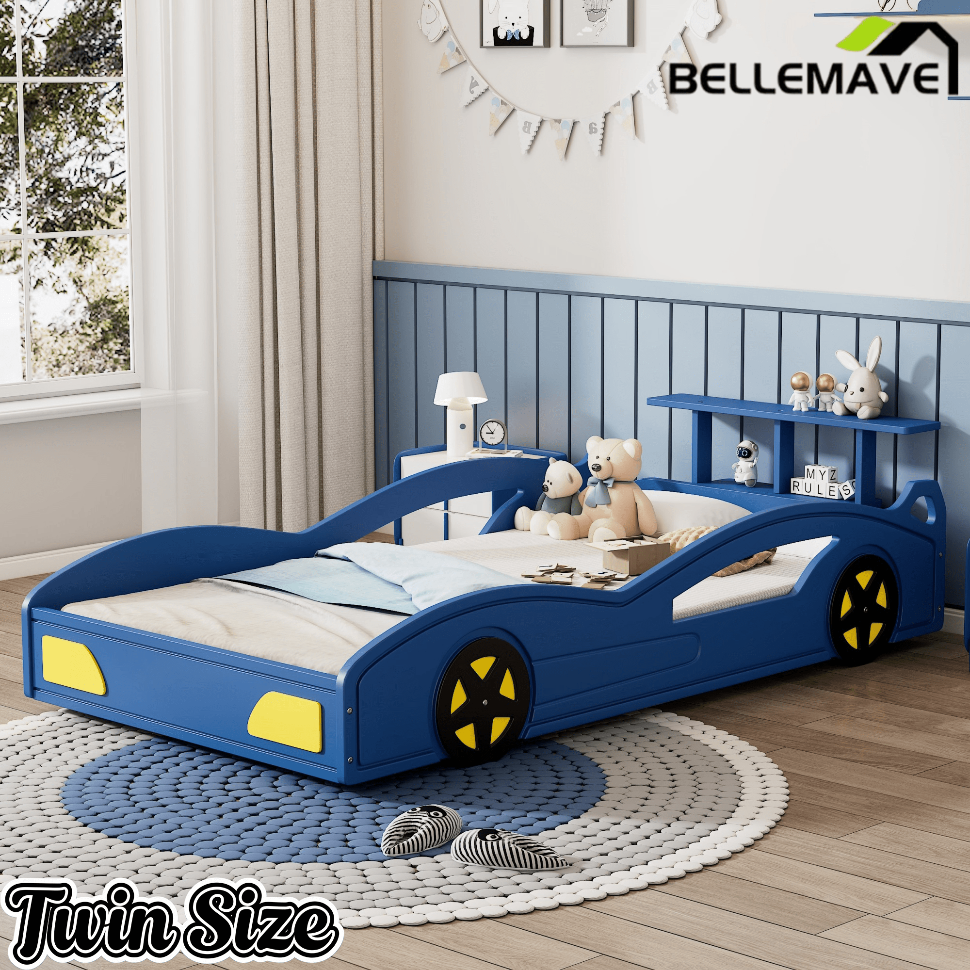 Bellemave® Twin Size Race Car Bed for Boys,Cool Car Bed Frame with Storage Shelves,Car Shaped Kids Bed Twin Size with Wheels,Red - Bellemave