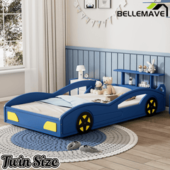 Bellemave® Twin Size Race Car Bed for Boys,Cool Car Bed Frame with Storage Shelves,Car Shaped Kids Bed Twin Size with Wheels,Red - Bellemave